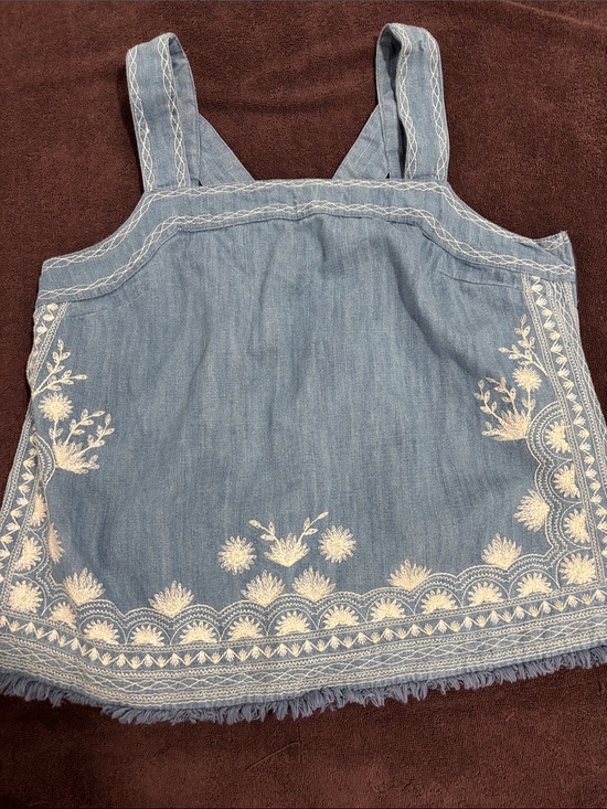 Maeve Tops - Maeve Light Blue Embroidered Chambray Tank with Cream Stitching